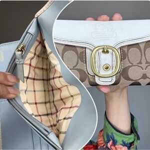 Coach White and Tan Signature Clutch with Gold Accent